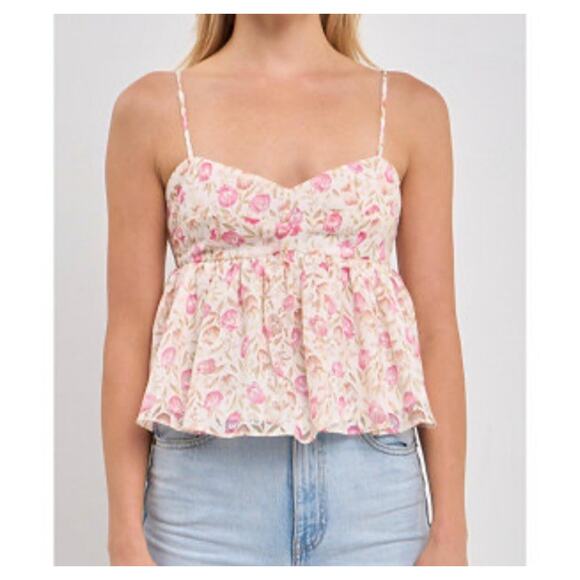 Free The Roses Women's Babydoll Top Size L Boho Cottagecore Romantic Pink Floral - Picture 1 of 12